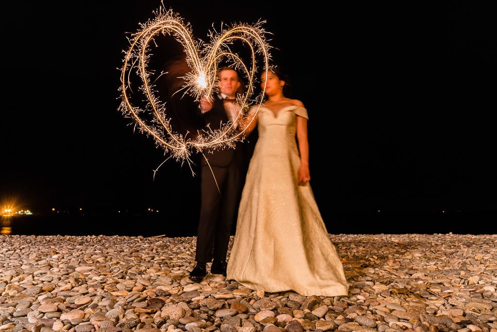 Sparklers used at wedding to make heart bride and groom