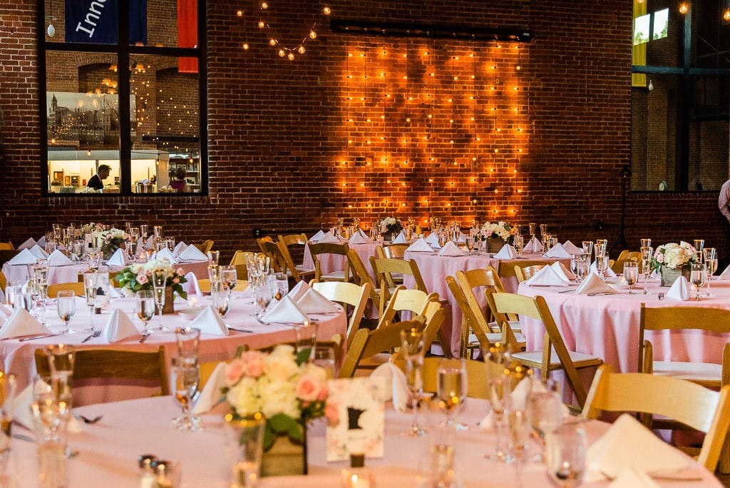 Blush and navy wedding in industrial space