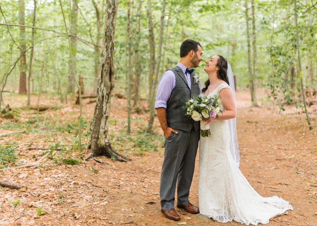 Bride and groom in woods elopment